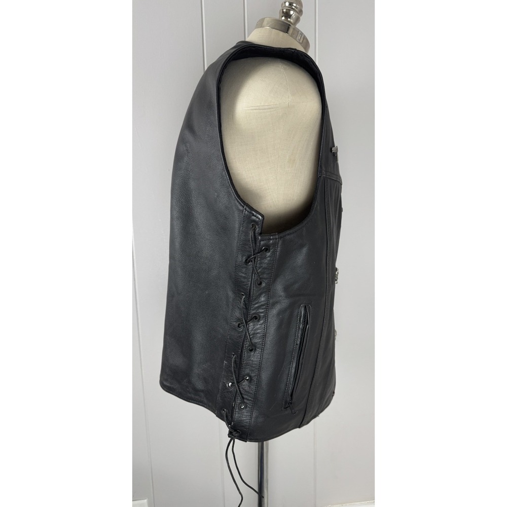 Unik Premium Leather Vest Men's Size XL Black Classic Biker Motorcycle With Pins - Picture 6 of 12